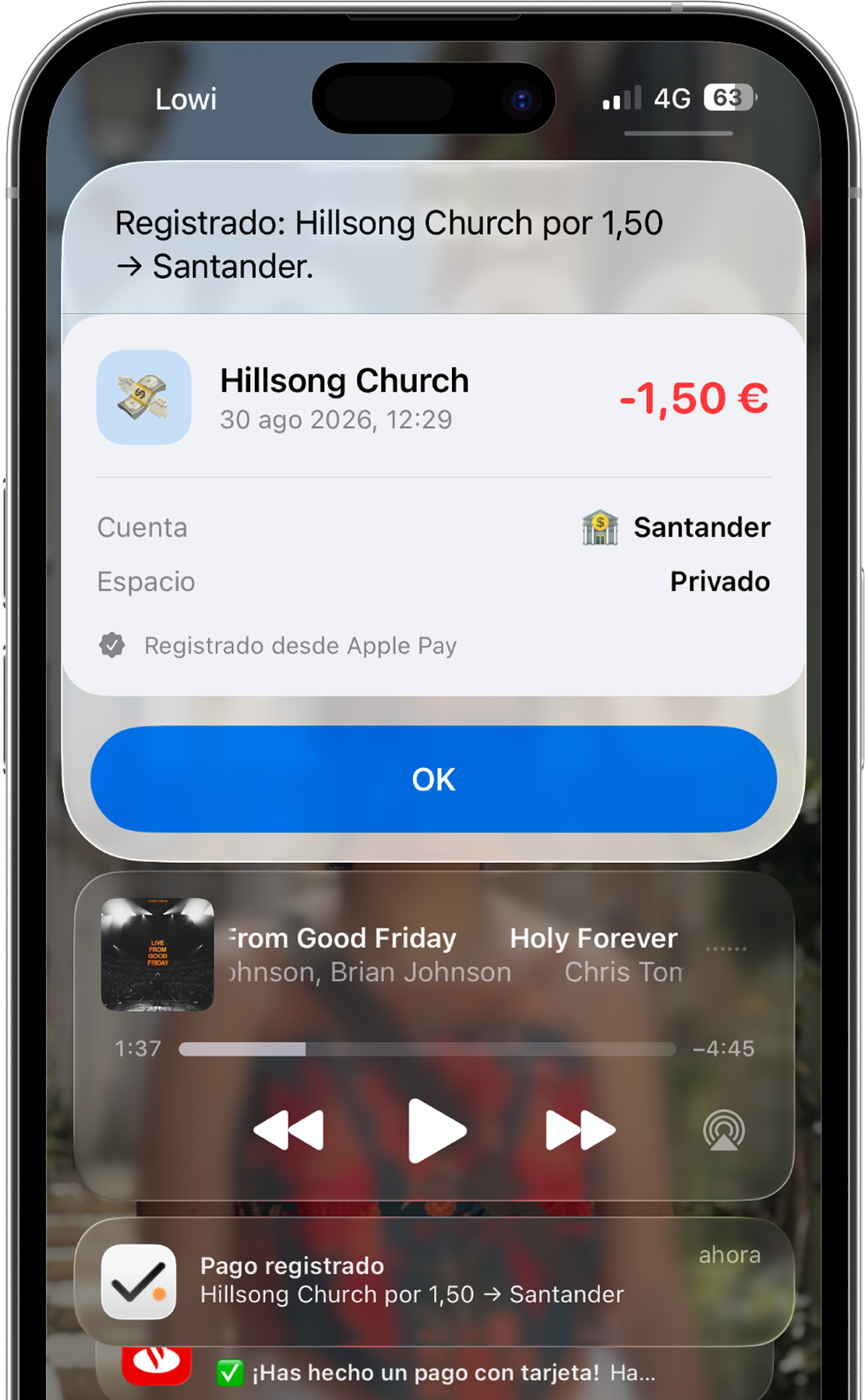 Aviso de pago con Apple Pay registrado automáticamente